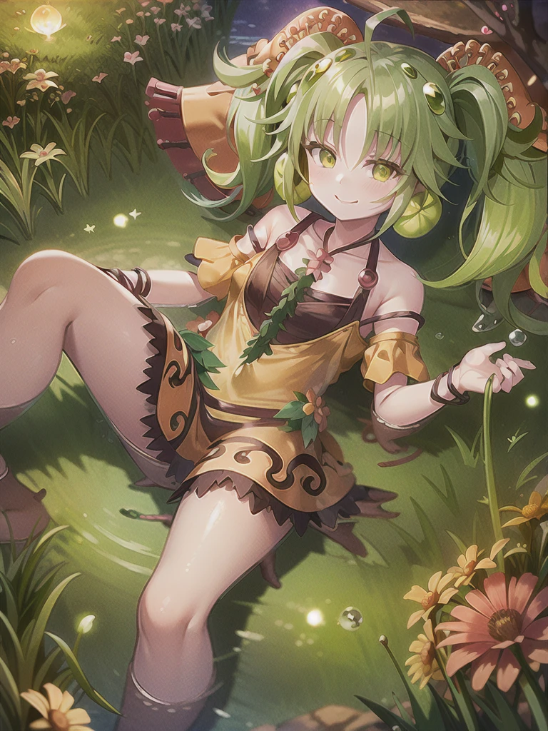 ((masterpiece,best quality)),(extremely detailed CG, unity, 8k wallpaper:1.1),traptrixsera, twintails,1girl,cute,solo,flat chest,yellow hair,smile,small breast,looking at viewer,green hair,tree,grass,forest,naughty face,flowers,stone, 