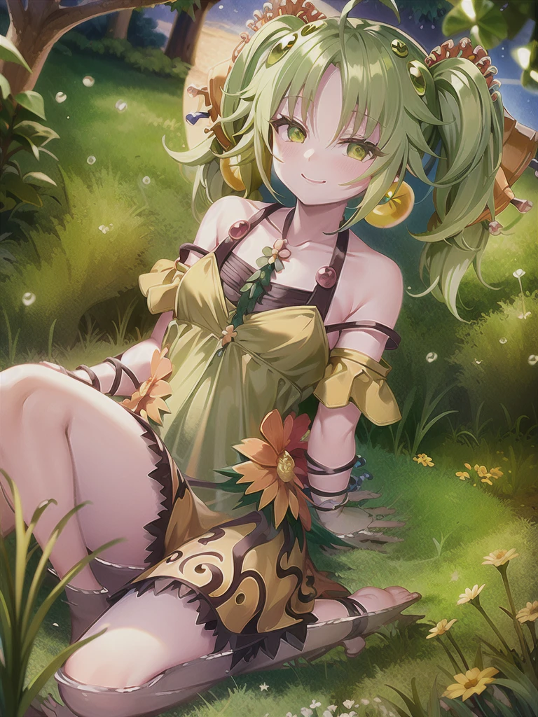 ((masterpiece,best quality)),(extremely detailed CG, unity, 8k wallpaper:1.1),traptrixsera, twintails,1girl,cute,solo,flat chest,yellow hair,smile,small breast,looking at viewer,green hair,tree,grass,forest,naughty face,flowers,stone, 