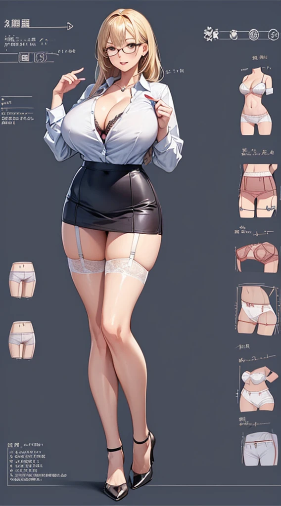 girl, alone, whole body, From head to toe, Are standing, (Huge Saggy Tits:1.3),
Character design sheet, Character Reference Sheet, 設計図のSchematic, Drafting, Blueprint, Schematic,
((Character design sheet:1.7, Character Reference Sheet:1.7,)),
anime/cartoon character wearing a girls , 1girl, alone, ,Mature Woman,Cleavage,Long sleeve,Collared shirt,White shirt,,(Tight Skirt),((garter belt)),(High heels),Skirt Suit,mini skirt,office lady,Long Hair, bow, , (Very short skirt:1.4), (lingerie:1.5),secretary,Thin glasses, (In underwear:1.8),nsfw,Full nudity、