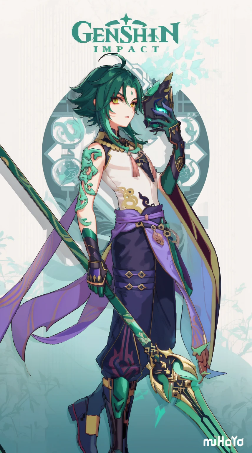 xiao (genshin impact), Top works,highest quality,pix,pixelart,1boy,dark green hair,best quality,masterpiece,extremley,yellow eyes,male focus,beautiful eyes, holding a mask