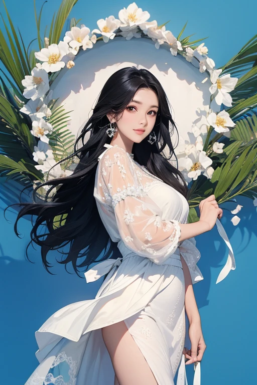 (Highest quality、masterpiece、High resolution、8K)、Vibrant colors、1 Female、Long black hair、Miho no Matsubara、Hagoromo Legend、Beautiful woman in white lace dress jumps high、Official Art、The background is the sea、blue sky、Wide sandy beach、Large pine forest、