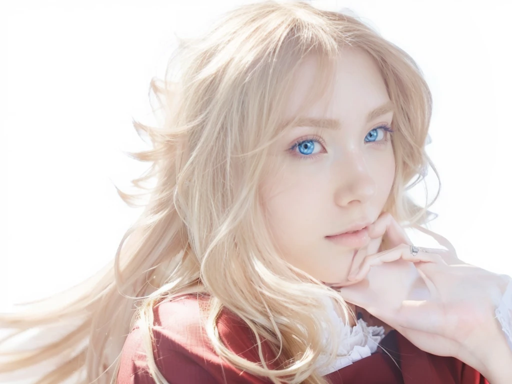 Anime girl with long blonde hair and blue eyes resting her cheek on a man's hand, Happy couple, smiling face, smiling eyes., fire emblem edelgard, fire emblem edelgard, by white lady, chica con by white, beautiful animated portrait, high quality portrait, ray of light through white hair, by white, perfect by white girl, johan liebert mixed with alucard, with long white hair, with long white hair