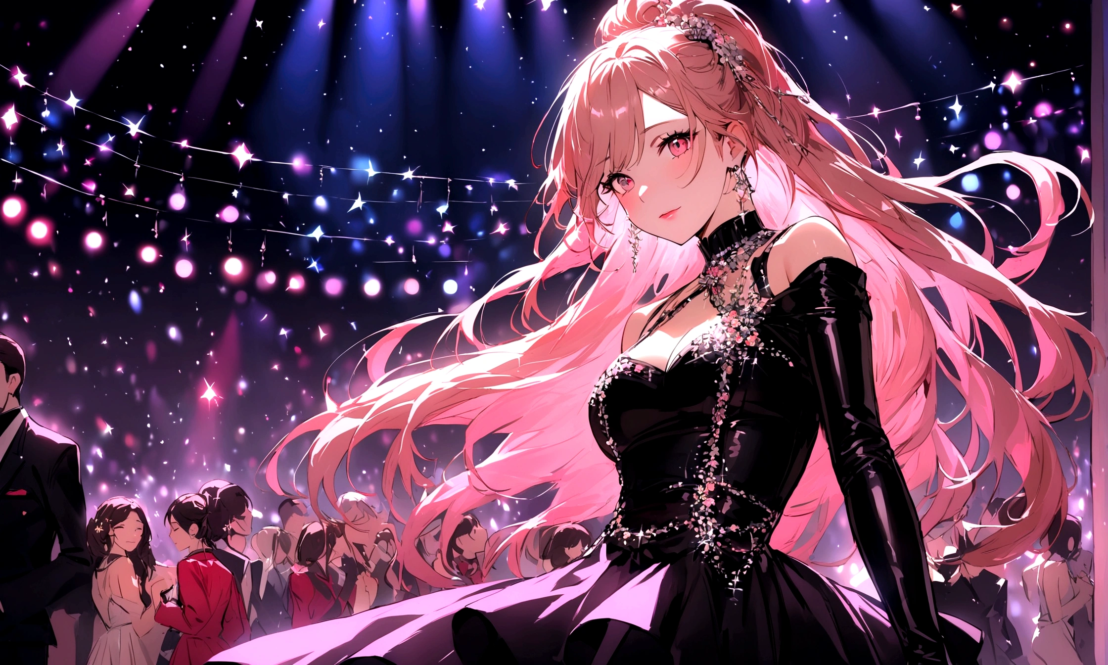 A stunning young woman with flowing chestnut hair streaked with vibrant pink, dressed in flashy nightclub attire, revels in music and dancing in a dimly lit club. This vivid depiction, reminiscent of a high-quality photograph, showcases her infectious energy and beauty as she moves gracefully amidst the pulsating lights and throbbing beats. Every detail, from the subtle highlights in her hair to the sparkle of her outfit, adds to the overall allure of the scene, making it a mesmerizing and captivating portrayal of nighttime entertainment