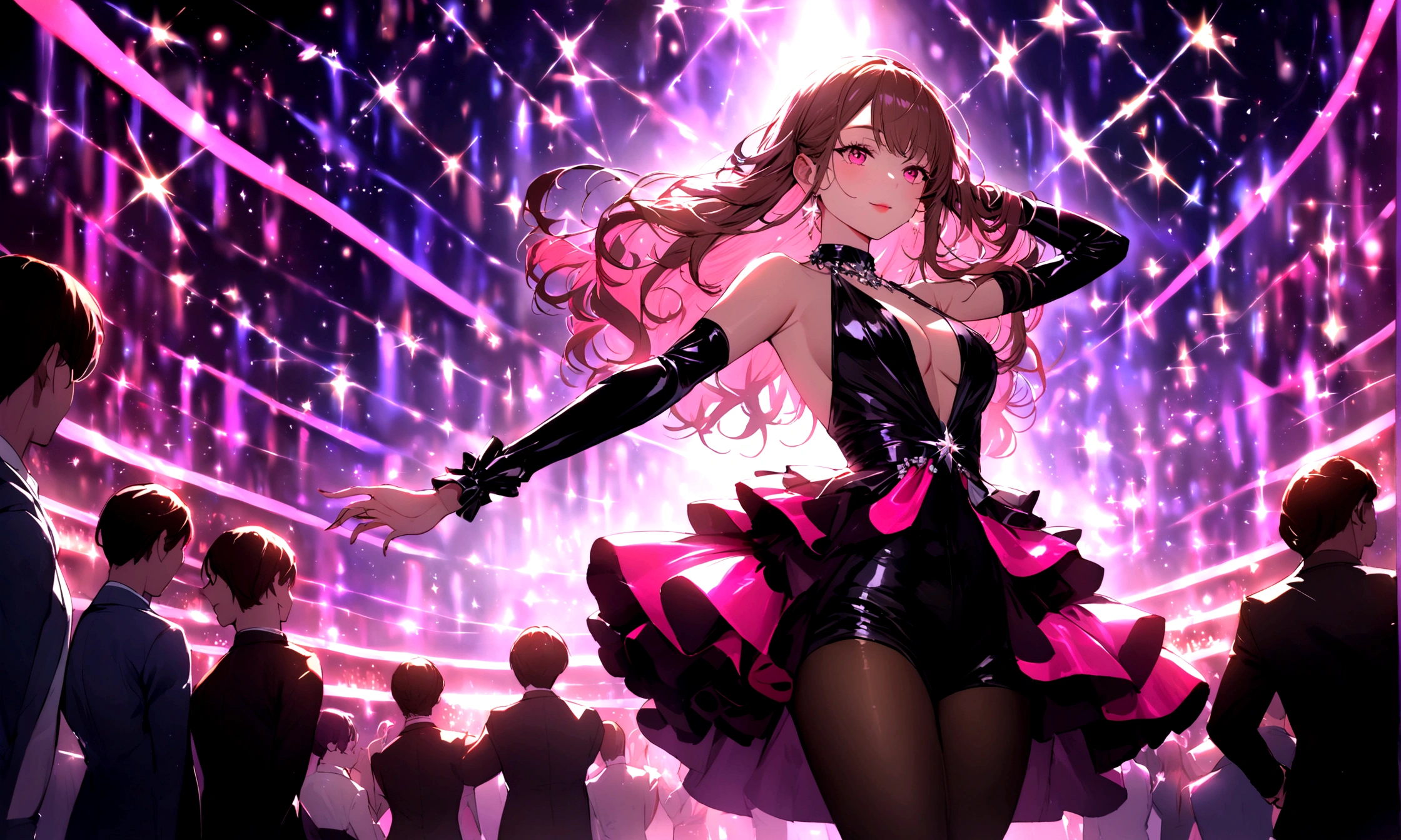 A stunning young woman with flowing chestnut hair streaked with vibrant pink, dressed in flashy nightclub attire, revels in music and dancing in a dimly lit club. This vivid depiction, reminiscent of a high-quality photograph, showcases her infectious energy and beauty as she moves gracefully amidst the pulsating lights and throbbing beats. Every detail, from the subtle highlights in her hair to the sparkle of her outfit, adds to the overall allure of the scene, making it a mesmerizing and captivating portrayal of nighttime entertainment