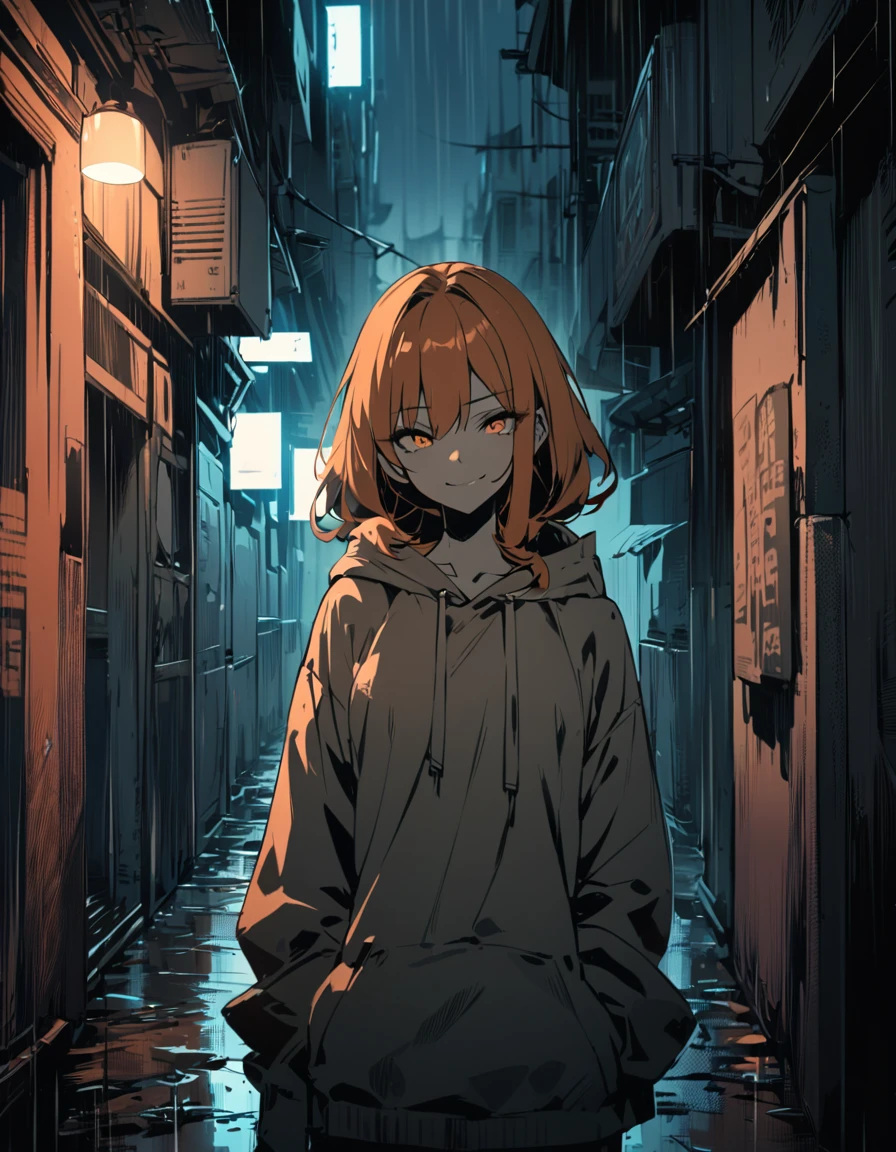 a beautiful detailed anime girl orange hair with a sadistic smile, wearing a hoodie, holding a cigarette in a rainy alley, FRONT POV, subdued color tones, 4k, masterpiece, cinematic lighting, moody atmosphere