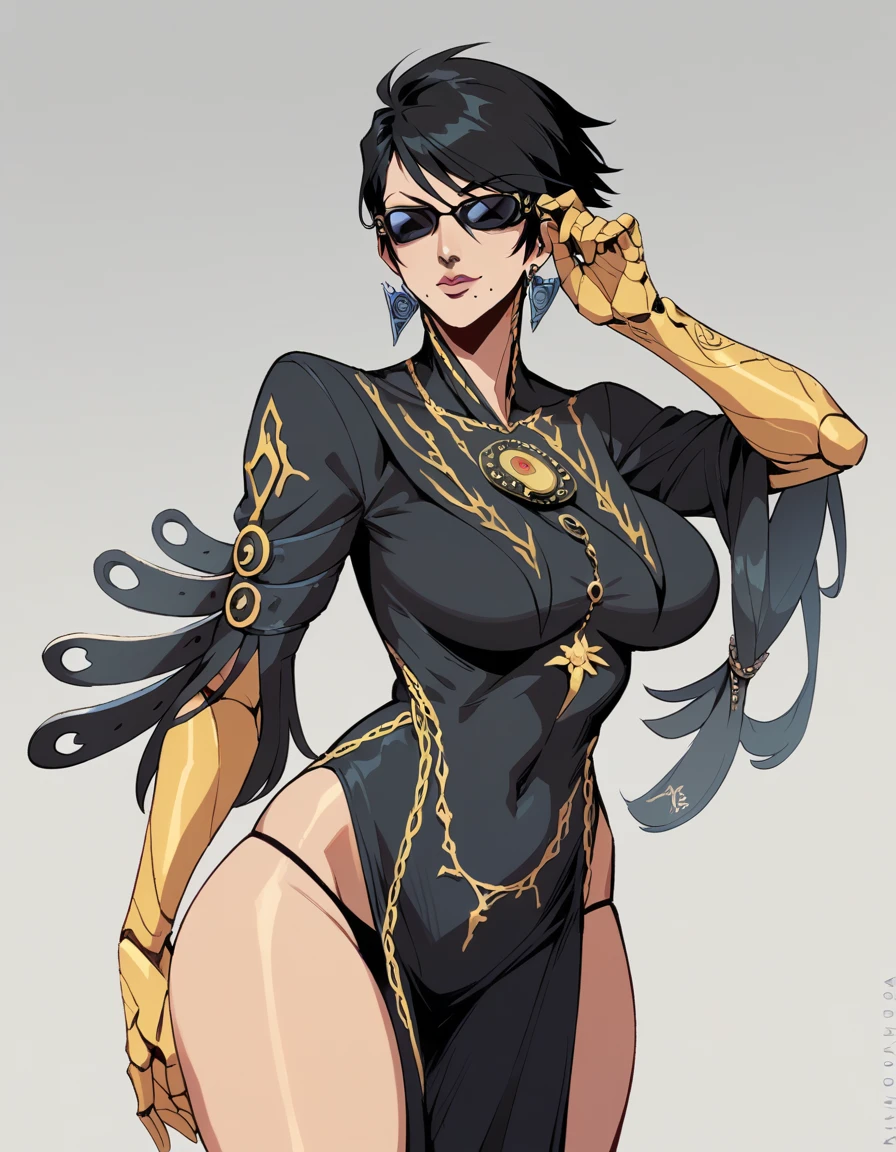  tall beautyfull woman, bayonetta shape, golden robotic arms, short black hair, golden earring, black panties, golden bracelet,sunglasses, slender body, natural body, milf, detailed, perfect face, black dress
