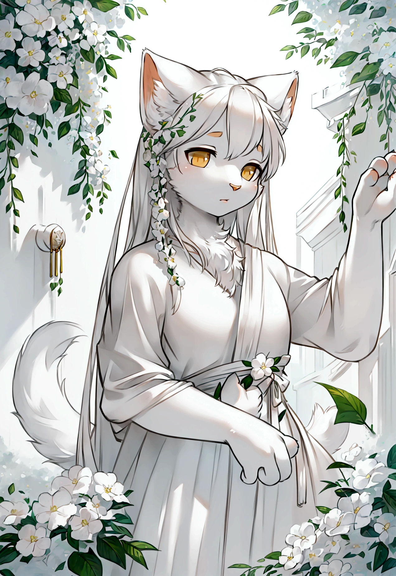 a furry head of white cat in white floral bouquet, pure white atmosphere, soft lighting, in the style of hyper-realistic animal illustrations, akos major , soft gradients, mural painting, artgerm, illustration