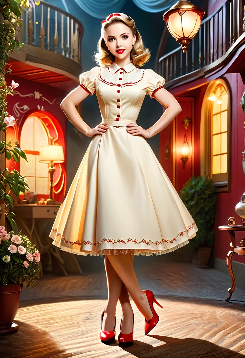 50s house wife. full length. featuring warm lighting and shadows. should be of the highest quality, a masterpiece with intricate details. Hands on hips. cute 50s house wife dress. Red high heels. She should have luscious lips, a wide smile, and bright, expressive eyes, exuding beauty, cuteness, and adorableness. Ensure the image is high resolution and sharply detailed, with a detailed and vibrant background. Scarlett Johanson, Alison Brie, Dove Cameron Incorporate mystical lighting in the background, creating a romantic and enchanting atmosphere.