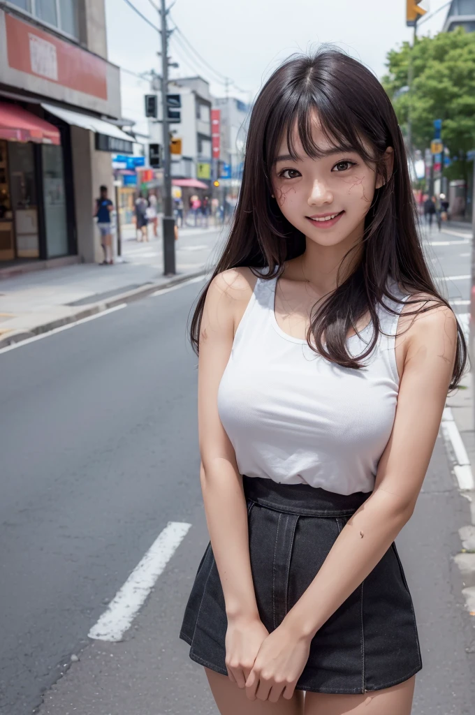 ((Highest quality, 8K, masterpiece: 1.3)), 1 Girl, smile, Cute Japanese Girl, mini skirt, Ultra detailed face, Fine grain, double eyelid, Blurred Background, City Street, (Big Breasts), Long Hair, Sleeveless T-shirt, Nice thighs, (Dark Skin, Sunburned skin:1.3)