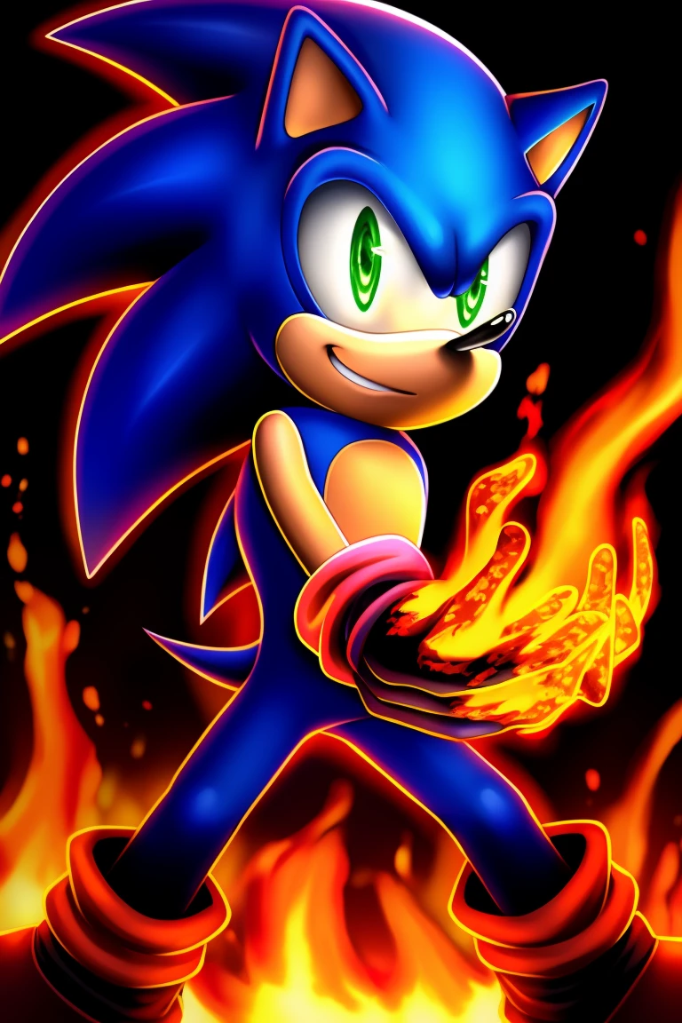 Sonic the Hedgehog, one man, blue all over, covered in flames, right hand burning with flames, emerald eyes glowing.