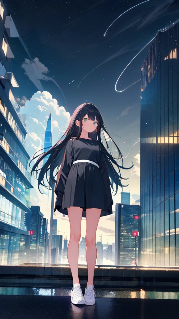 monochrome color、masterpiece, Exquisite detail,Highest quality, One girl, alone, handrail, cloud, Looking up at the buildings,Long Hair, zero, Long sleeve, Power lines, White footwear, Black Hair, View your viewers, Electric pole, bangs, cloudy zero, fish, bird, Green Eyes, Shorts, Day, Black Shirt, barefoot,Whale flying in the sky,Giant whale,night,Star,milky way,night,Pitch black,Buildings,Standing and looking up