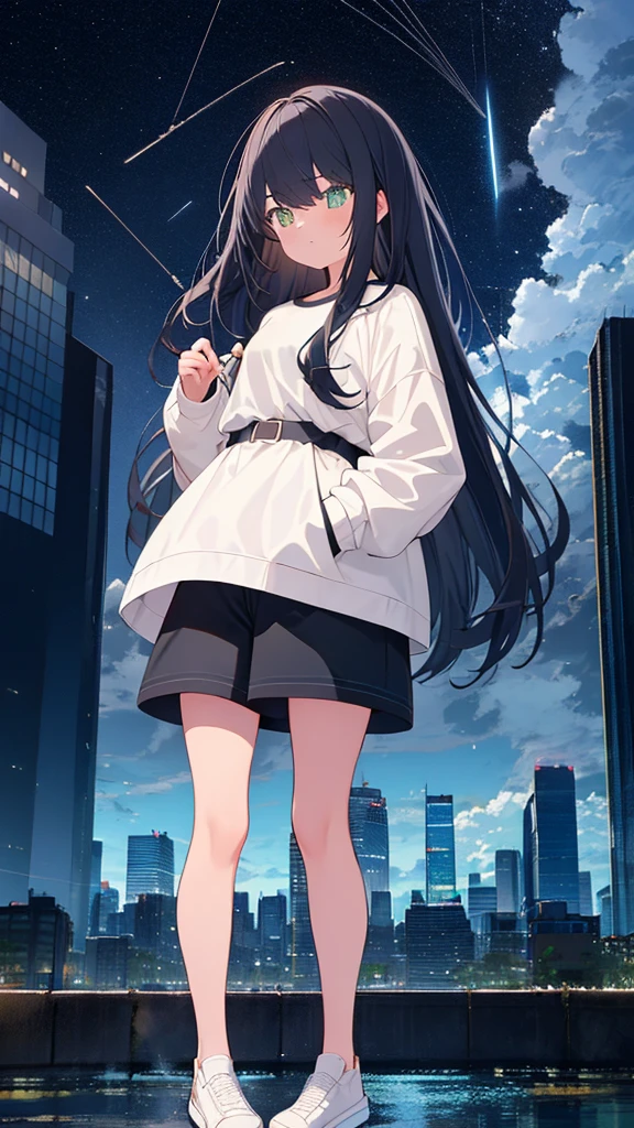 monochrome color、masterpiece, Exquisite detail,Highest quality, One girl, alone, handrail, cloud, Looking up at the buildings,Long Hair, zero, Long sleeve, Power lines, White footwear, Black Hair, View your viewers, Electric pole, bangs, cloudy zero, fish, bird, Green Eyes, Shorts, Day, Black Shirt, barefoot,Whale flying in the sky,Giant whale,night,Star,milky way,night,Pitch black,Buildings,Standing and looking up