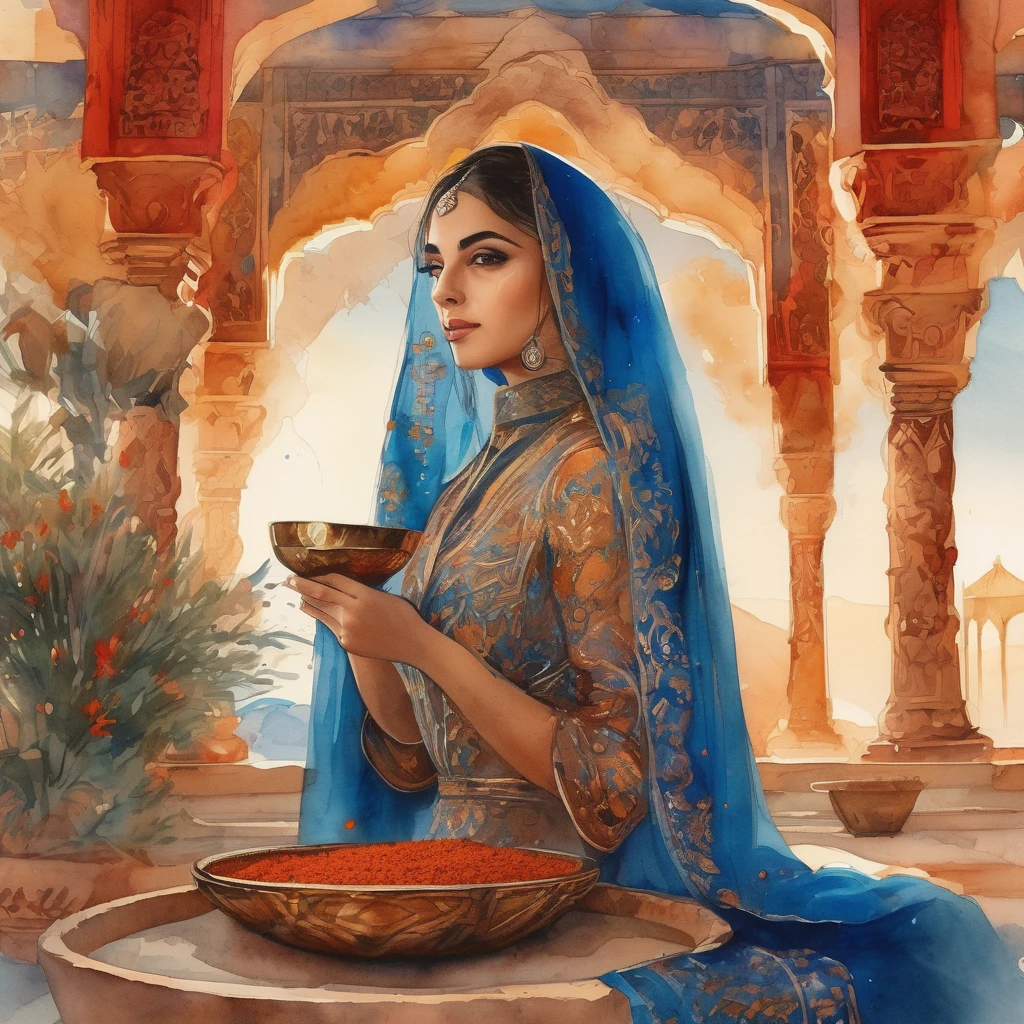 landscape captivating cinematic watercolor style, a persian girl dressed in blue silk, holding a bunch of red spice in a golden bowl in her hands, looking to the camera, mica powder of earthy colors exploding in the scene, her veil waving by the wind, intrincated masterpiece, vivid colors, dusk warm lighting, detailed persian architecture, intricate patterns, ornate fabrics, atmospheric haze, golden hour, watercolor and ink splashes style