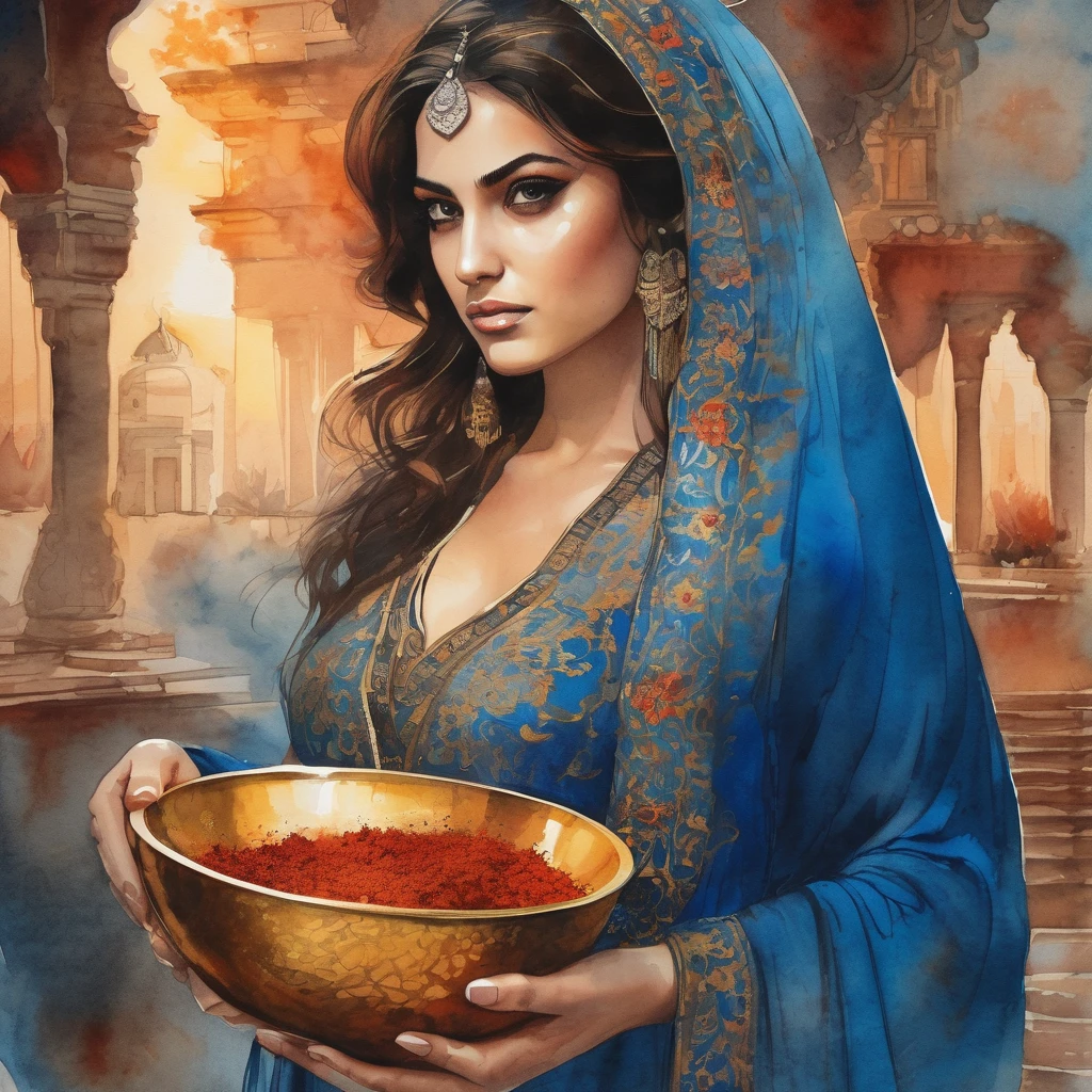 landscape captivating cinematic watercolor style, a persian girl dressed in blue silk, holding a bunch of red spice in a golden bowl in her hands, looking to the camera, mica powder of earthy colors exploding in the scene, her veil waving by the wind, intrincated masterpiece, vivid colors, dusk warm lighting, detailed persian architecture, intricate patterns, ornate fabrics, atmospheric haze, golden hour, watercolor and ink splashes style