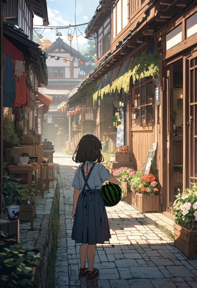 masterpiece,highest quality,ultra-detailed,high-definition background,8K,hi-res,high quality,BREAK, japanese manga style, sketch, Watercolor Colors.ハイクオリティなmasterpiece、landscape、anime、Japanese Town、traditional town、明るい星null。BREAK ロマンチックな古い町並み, null, pixiv, Concept Art, Lofi Art Style, reflection. by Makoto Shinkai, lofi art, Beautiful anime scene, BREAK animeのlandscape, 詳細なlandscape - width 672, in style of Makoto shinkai, style of Makoto shinkai, enhanced details, BREAK,Detailed,Realistic,4k highly detailed digital art,octane render、 Bioluminescence,BREAK 8K解像度Concept Art,realism,by Mappa Studios,masterpiece,最high quality,Official Art,An illustration,ligne claire,(cool_Farbe), Perfect composition,Absurd,Fantasy,concentrated,Rule of thirds,High detail,animeーション,animeーションのスタイル、 Shine, Film lighting, god々Shining rays, Shine光, reflection光, Get closer, Lens flare, masterpiece, High Detail, 最high quality, Ultra detail, high quality, animeーション背景, animeーション壁紙, sunny, 明るい青null, Dramatic lighting, 植wood鉢, plant, wood, Grass, Cobblestone Street,(( hometown, hometownの町, Summer vacation, memory, 夏のmemory, homecoming、countryside、CountrysiHometown,Children playing、Festivals、Children playing、))((Veranda、watermelon、watermelonを食べる:1))