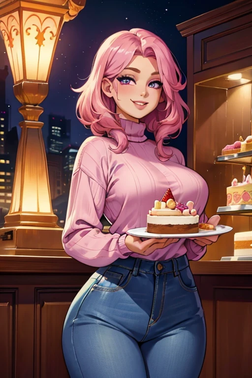 Perfect face. Perfect hands. A pink haired woman with violet eyes with an hourglass figure in a cute sweater and jeans is eating a cake with a big smile