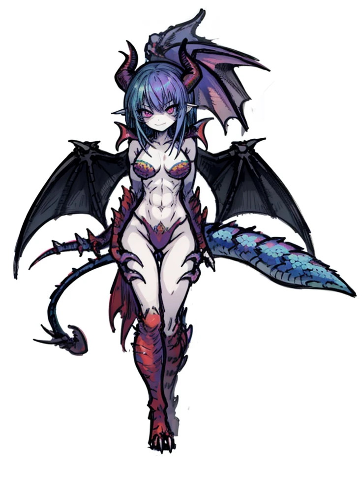 1girl ,blue-green hair, pink eyes,lady,  dragon, dragon tail, full of scales, horns, claws, dragon wings , (masterpiece, best quality),  muscular, sexy, happy, smile , sword