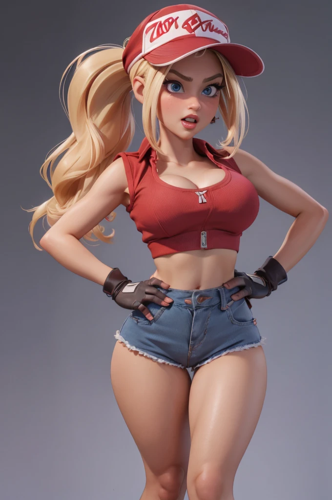 (masterpiece), best quality, expressive eyes, perfect face, highres, (8k), (perfect face), (ultra details), 1 girl, solo, terry bogard girl, blonde hair, ponytail, blue eyes, long hair, baseball cap, fingerless gloves, denim shorts, shoes, 
, blushing, frightened, anguished, open-mouthed, room background, no posing, standing, portrait, looking down. Piel humeda, manos y dedos bien detallados, (puños cerrado)