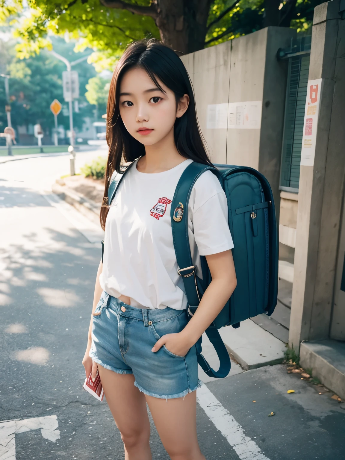 Masterpiece, realistic, hd, 1 girl, wear white shirt, short sleeves, wear denim minipants, wear sneakers, standing, fullbody, wearing  school backpack, (school backpack:1.2), daytime, sunlight, park