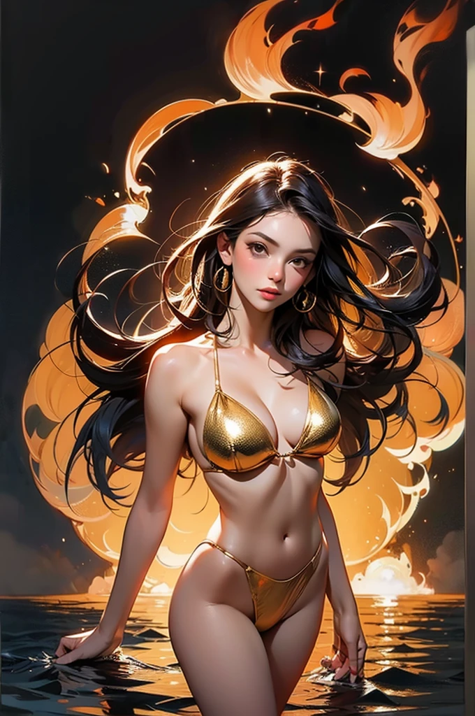 masterpiece woman in golden bikini, sunset fire, inspired by Gustavo Klimt