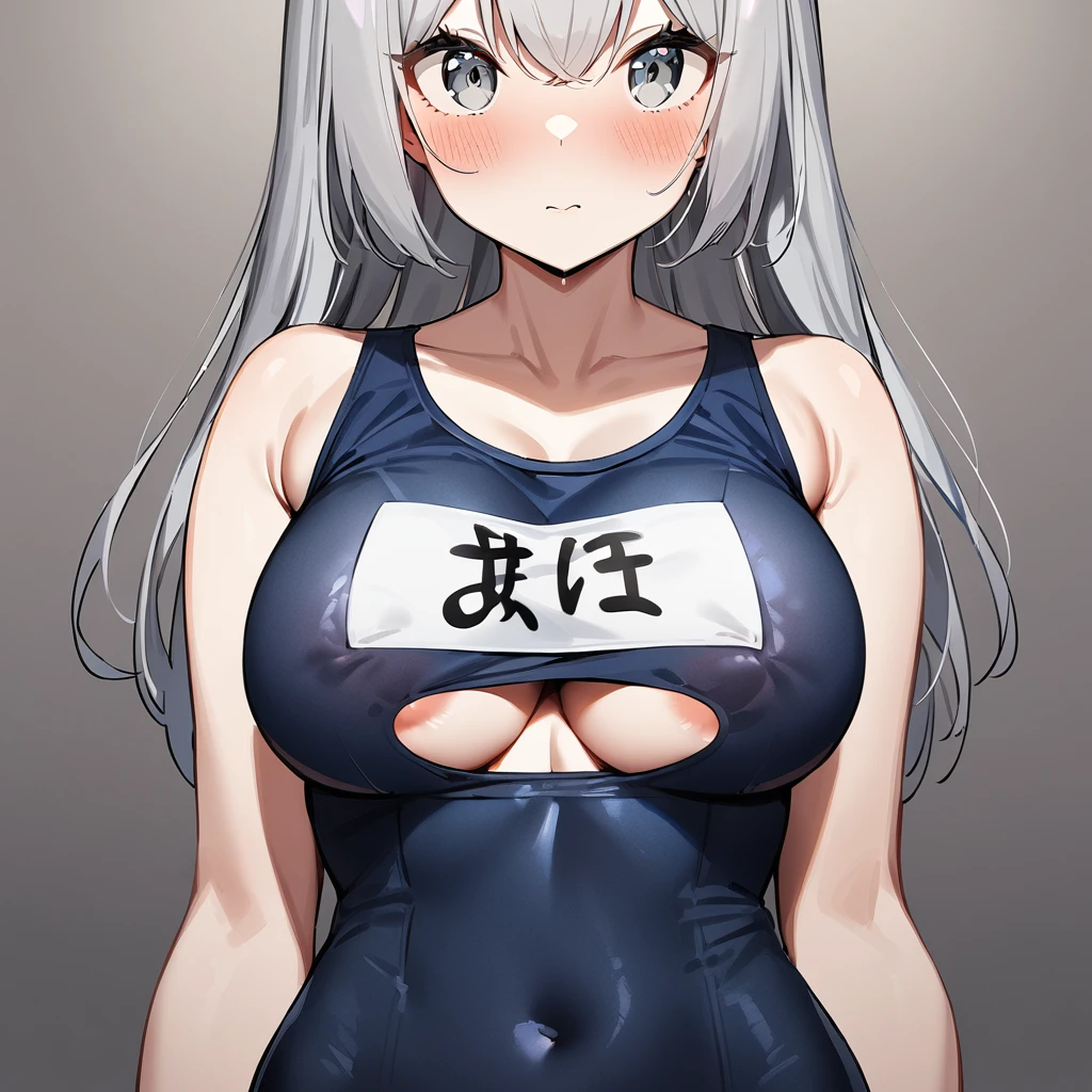 2girls,Gray Hair,light hair,School Swimsuit,Big titsnipple_cutout,Swimsuit covered areola,Bust,masterpiece, best quality, very aesthetic, absurdres,upper body,straight-on,