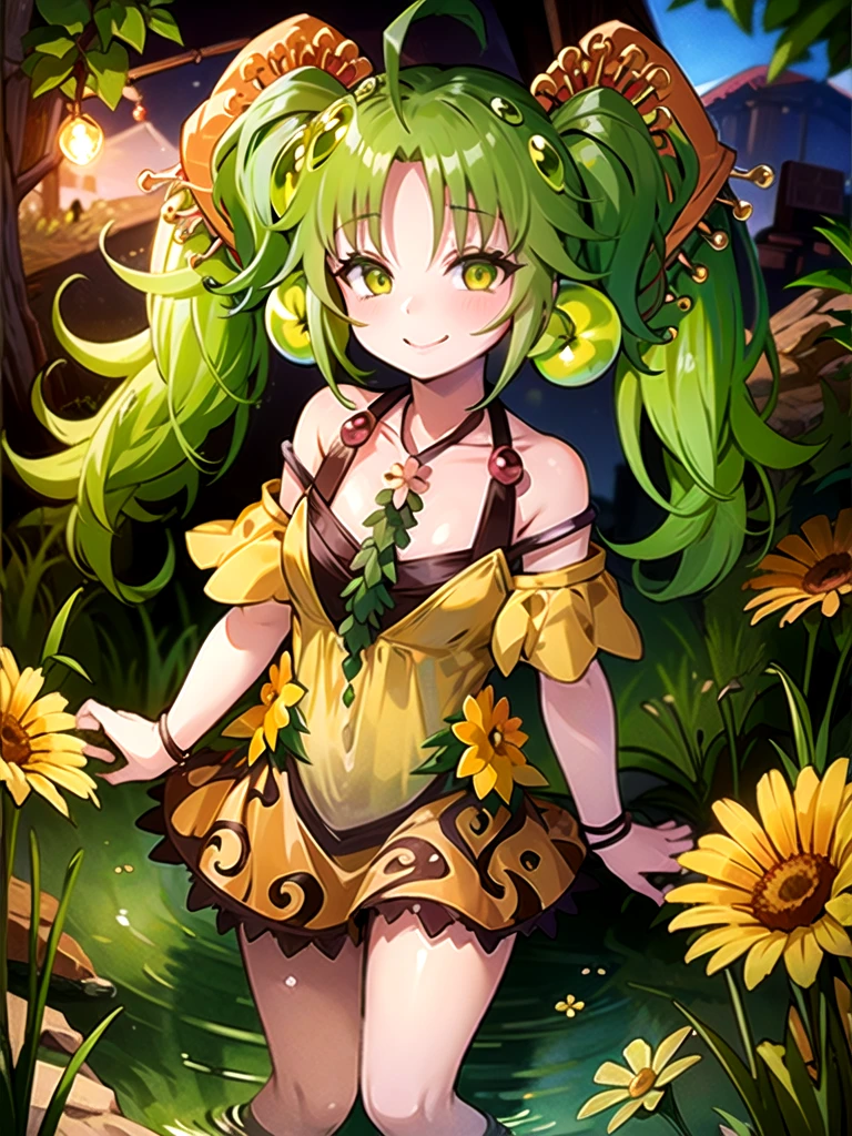 ((masterpiece,best quality)),(extremely detailed CG, unity, 8k wallpaper:1.1),traptrixsera, twintails,1girl,cute,solo,flat chest,yellow hair,smile,small breast,looking at viewer,green hair,tree,grass,forest,naughty face,flowers,stone, 