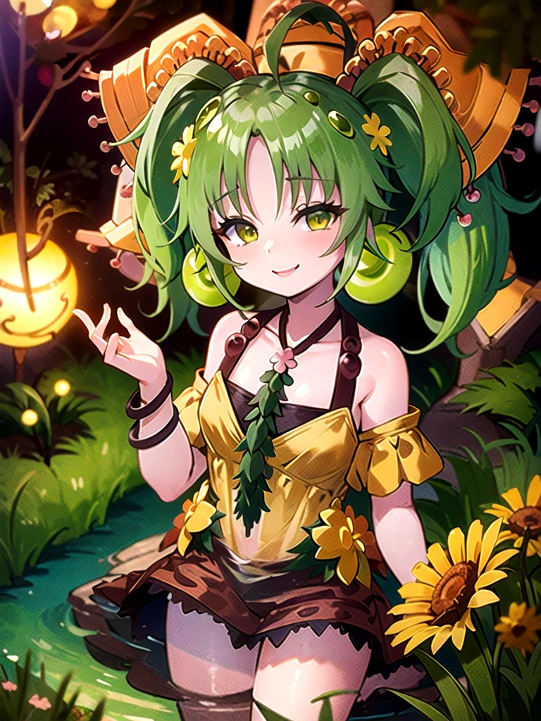 ((masterpiece,best quality)),(extremely detailed CG, unity, 8k wallpaper:1.1),traptrixsera, twintails,1girl,cute,solo,flat chest,yellow hair,smile,small breast,looking at viewer,green hair,tree,grass,forest,naughty face,flowers,stone, 