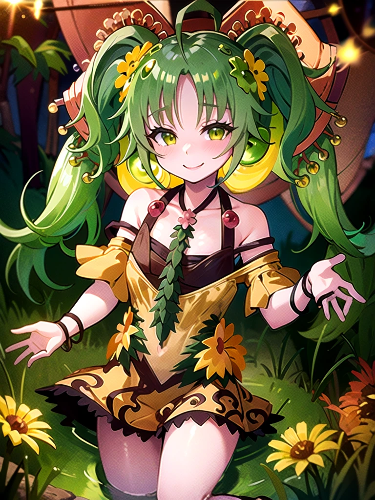 ((masterpiece,best quality)),(extremely detailed CG, unity, 8k wallpaper:1.1),traptrixsera, twintails,1girl,cute,solo,flat chest,yellow hair,smile,small breast,looking at viewer,green hair,tree,grass,forest,naughty face,flowers,stone, 