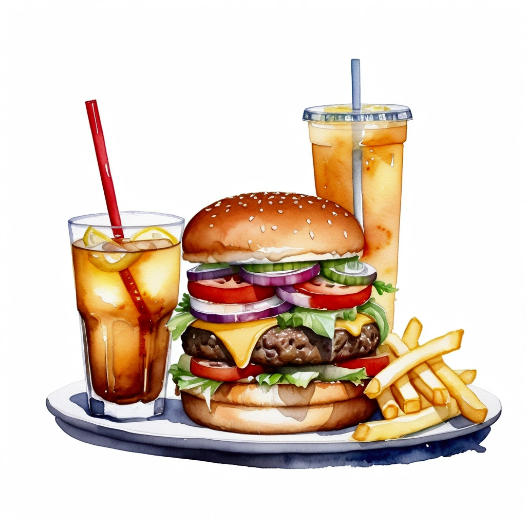 there is big and tall delicious hamburger with cheese, a lot of french fries, and a glass of ice lemon tea, (watercolor), illustration, isolated with solid white background, surrounded with negative space, centered compositon, 8k, highly detailed painting, very precise painting,
