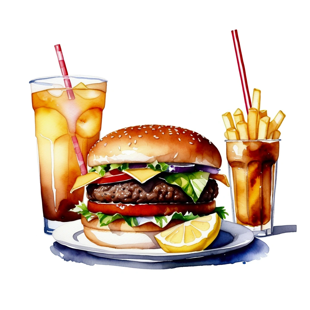 there is big and tall delicious hamburger with cheese, a lot of french fries, and a glass of ice lemon tea, (watercolor), illustration, isolated with solid white background, surrounded with negative space, centered compositon, 8k, highly detailed painting, very precise painting,