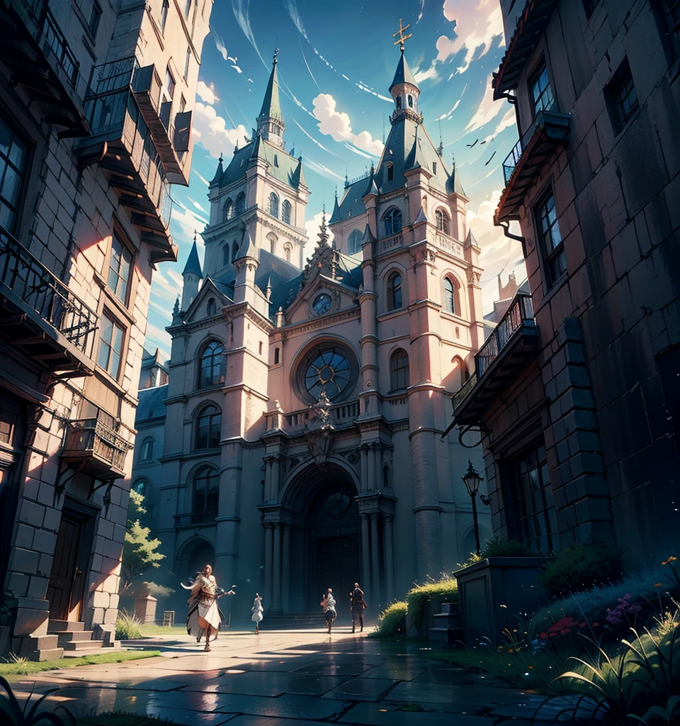 （8k) (High quality) rich in dark details, scene painting, large scenes, epic scenes, rich buildings in the background, large Baroque style churches in the foreground, multiplayer combat scenes, wide-angle, fantasy, and bright colors