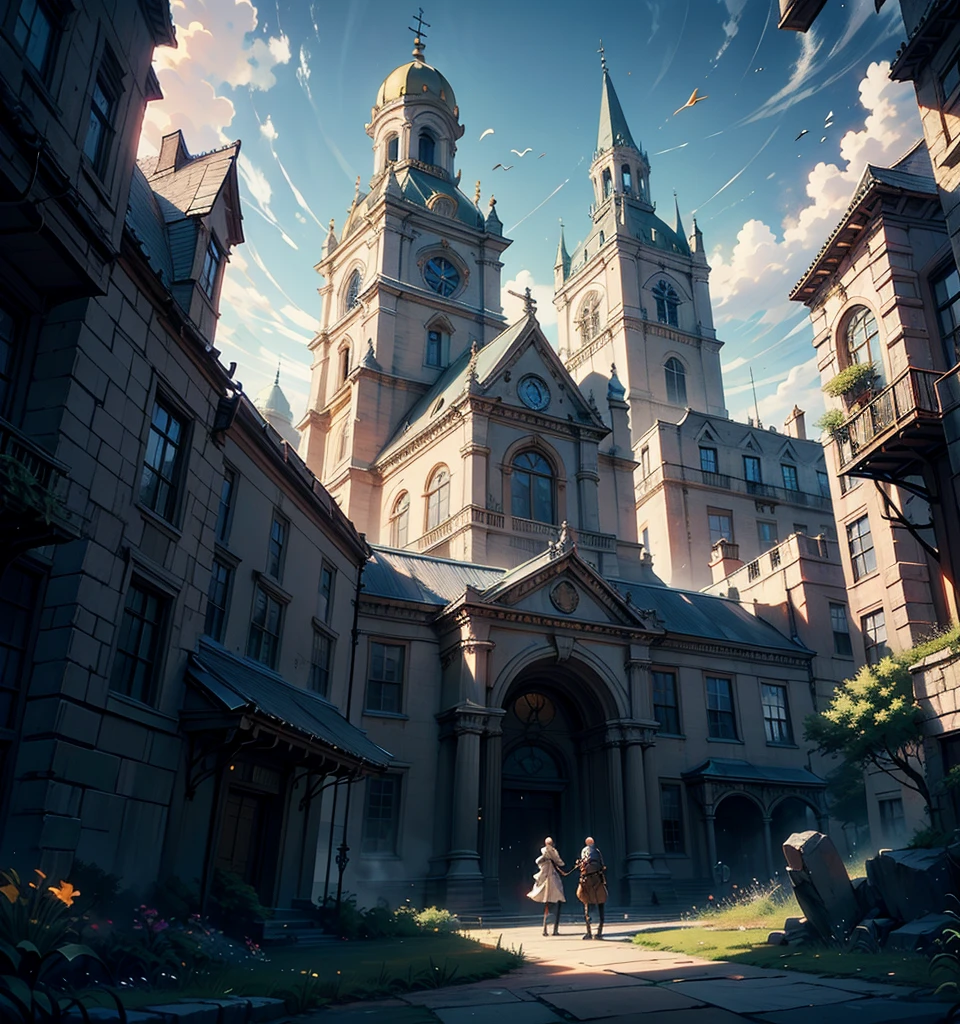 (8k) (High quality) rich in dark details, scene painting, large scenes, epic scenes, rich buildings in the background, large Baroque style churches in the foreground, multiplayer combat scenes, wide-angle, fantasy, and bright colors