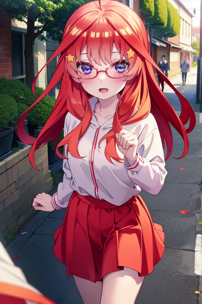 itsukinakano, itsuki nakano, bangs, blue eyes, Hair between the eyes, Ahoge, Redhead, star \(symbol\), hair ornaments, star hair ornaments,smile,blush,Open your mouth,Red-rimmed glasses,Oversized red hoodie and long skirt,boots,Walking,Daytime,Clear skies,whole bodyがイラストに入るように,
break outdoors, Alley,
break looking at viewer, whole body,
break (masterpiece:1.2), Highest quality, High resolution, unity 8k wallpaper, (figure:0.8), (Beautiful attention to detail:1.6), Highly detailed face, Perfect lighting, Highly detailed CG, (Perfect hands, Perfect Anatomy),