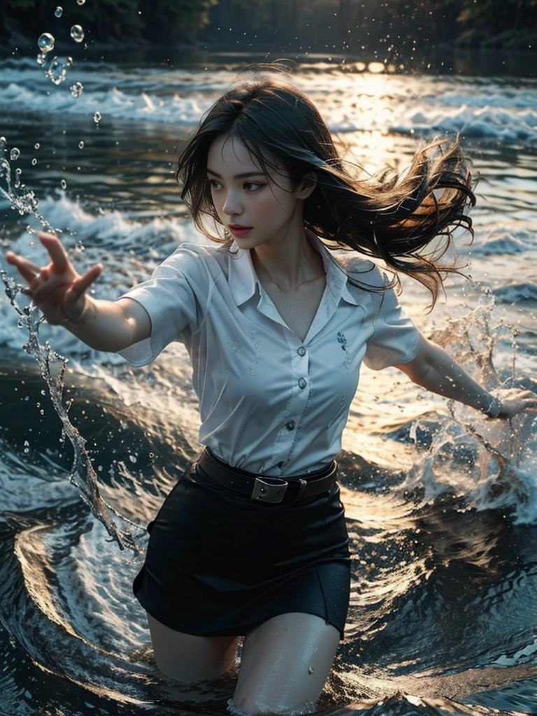 18s woman in thai university uniform, very beautiful, pretty, wet long straight hair, white wet plain short-sleeve button up shirt, black bra, black wet tight mini skirt, brown belt, masterpiece:1.2, high detail, realistic, cinematic scene, slim and perfect figure, perfect body proportions, 16k, portrait photo, dynamic pose, dynamic compositions, water, surrounded by heavy swirl water from head to toes, motion blur, long exposure, at sea shore, martial arts, blue light tone, water magic, (water element:1.2), water goddess, xuer martial arts, insane detailed on face, close up, water droplets on the skin, rain drips all over her body and face, wet body, selective focus, shallow sea