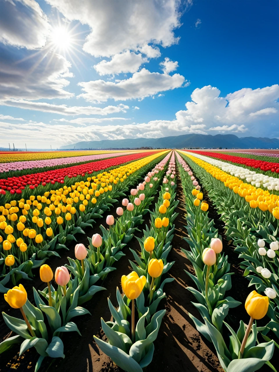 Tulips in the summer,The blue and yellow flowers are more vivid under the sunlight.,A huge heart-shaped cloud in the sky provided the perfect backdrop for the sea of flowers。The scene is a tulip field,The flowers appear blue and yellow under the sunlight,The heart-shaped clouds add a touch of fantasy to the sky。The picture conveys a bright、Dreamy and joyful mood,The colors of the tulips and the romance of the heart-shaped clouds complement each other。Authentic photography style,Using the Canon EOS R6 camera,With 16-35mm f//2.8 lenses,Use a wide-angle lens to capture the panoramic view of the sea of flowers,Set Aperture Priority Mode,Aperture f/11,ISO 100,Shutter speed adjusted according to light,Record the beauty of the tulip sea