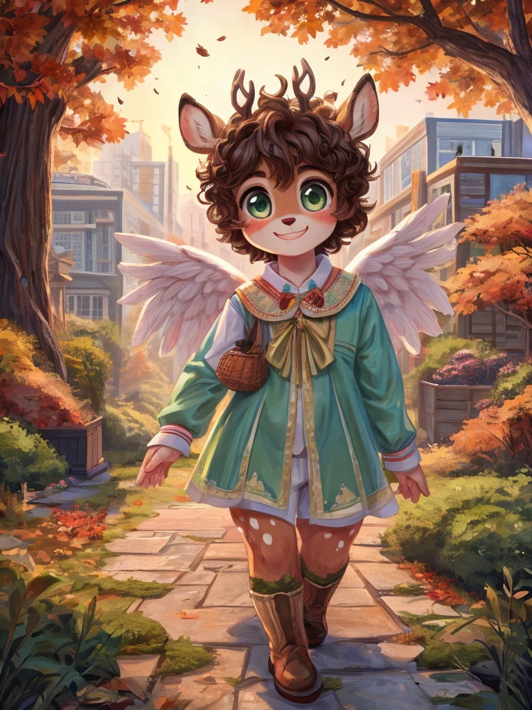 Cute, deer boy, small deer antlers, innocent, chubby, big thighs, androgynous, femboy, short curly hair, brown hair, fawn spots, freakles, ((cute)), smiling, walking in a Forrest, wearing cottage core outfit, cottage core outfit, , cute clothes, modest clothes, modern clothes, adorable, pastel color scheme, light blue pink green yellow white and brown color scheme, young, cartoony, adorable, deer tail, moss green eyes, angel wings, moss, bugs, autumn outfit, autumn vibes, autumn aesthetic, cute, wearing pants, boy outfits, men's wear, bustling city, big city, heaven, white buildings, angels,