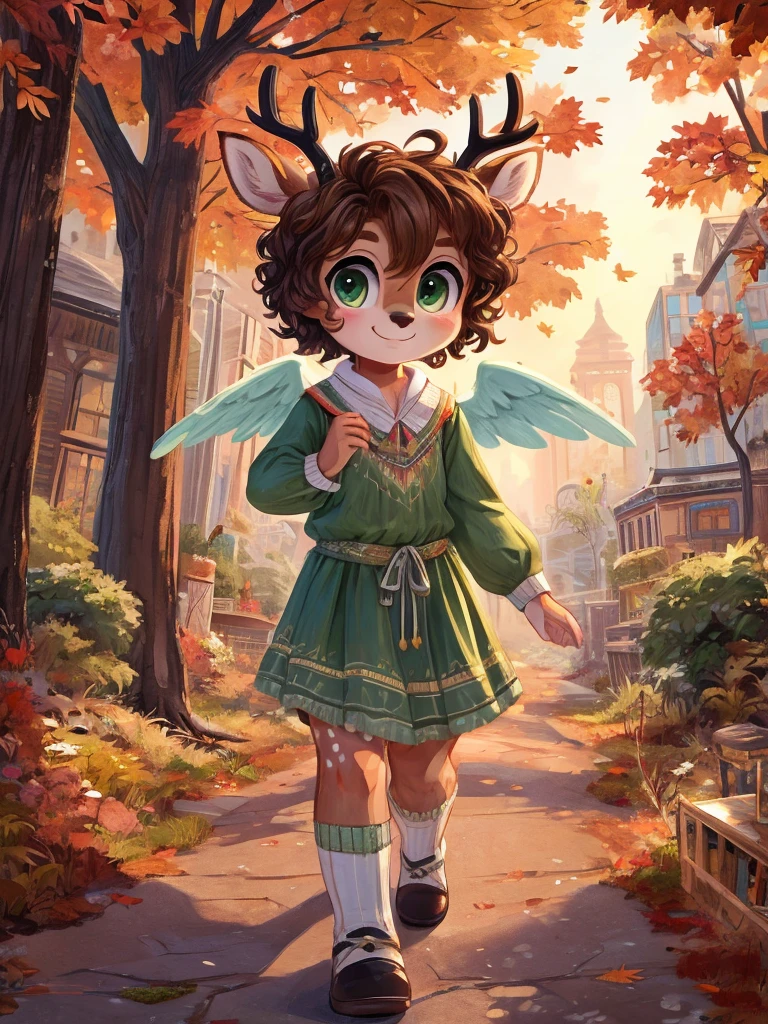 Cute, deer boy, small deer antlers, innocent, chubby, big thighs, androgynous, femboy, short curly hair, brown hair, fawn spots, freakles, ((cute)), smiling, walking in a Forrest, wearing cottage core outfit, cottage core outfit, , cute clothes, modest clothes, modern clothes, adorable, pastel color scheme, light blue pink green yellow white and brown color scheme, young, cartoony, adorable, deer tail, moss green eyes, angel wings, moss, bugs, autumn outfit, autumn vibes, autumn aesthetic, cute, wearing pants, boy outfits, men's wear, bustling city, big city, heaven, white buildings, angels, 