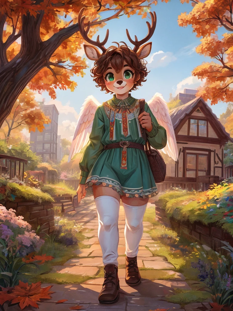 Cute, deer boy, small deer antlers, innocent, chubby, big thighs, androgynous, femboy, short curly hair, brown hair, fawn spots, freakles, ((cute)), smiling, walking in a Forrest, wearing cottage core outfit, cottage core outfit, , cute clothes, modest clothes, modern clothes, adorable, pastel color scheme, light blue pink green yellow white and brown color scheme, young, cartoony, adorable, deer tail, moss green eyes, angel wings, moss, bugs, autumn outfit, autumn vibes, autumn aesthetic, cute, wearing pants, boy outfits, men's wear, bustling city, big city, heaven, white buildings, angels, 