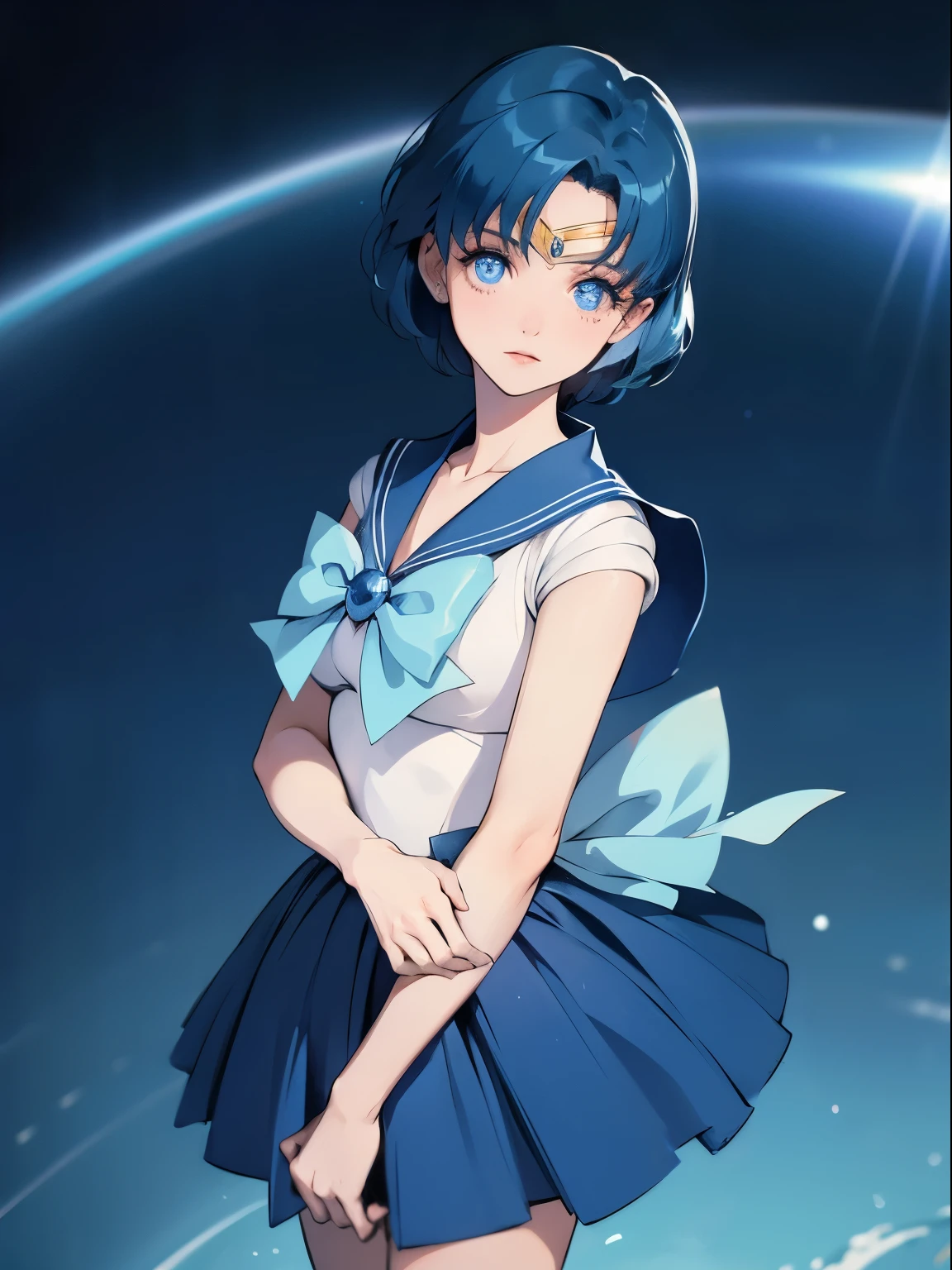 sailor mercury, 1 girl, blue hair, short hair, blue eyes, detailed eyes, simple background, female focus, alone, Standing, Ami Mizuno, portrait, full body, (Masterpiece:1.0), (best quality:1.0) , (wallpaper 8k:1.0), (detailed beautiful face:1.0), (detailed deep eyes), deep eyes, looking at viewer, sailor scout, sky blue bow on chest, blue skirt, white gloves,