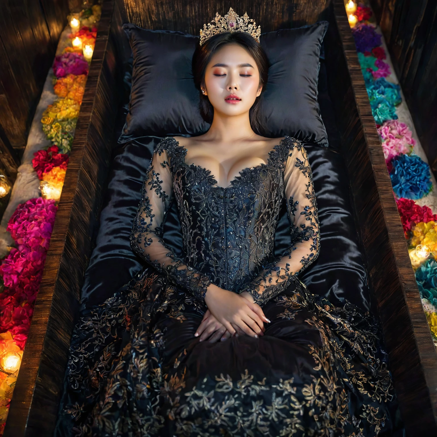 In a striking 8K HDR scene, a stunning Korean woman, 22 years old, lies peacefully in a black coffin surrounded by plush pillows. The deep box is set against a rich black background, accentuating the beauty of the subject. Her exquisite kebaya attire is embroidered with superb detail, showcasing her round and firm breasts, perfect cleavage, and beautiful eyebrows. Her closed eyes and mouth give an air of serenity, while her visible and absolute cleavage leave nothing to imagination. The scene is bathed in saturated colors, highlighting every intricate aspect from the ball skirt to her clean face.