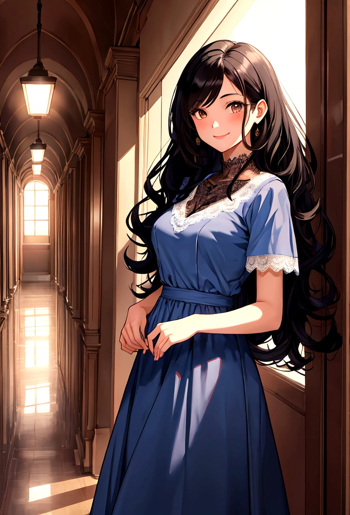 Masterpiece, college school hallway theme background, character: 1 girl, black hair, long curly hair, sweet smile, Brown eyes, clothing light blue dress with lace, modern time current.