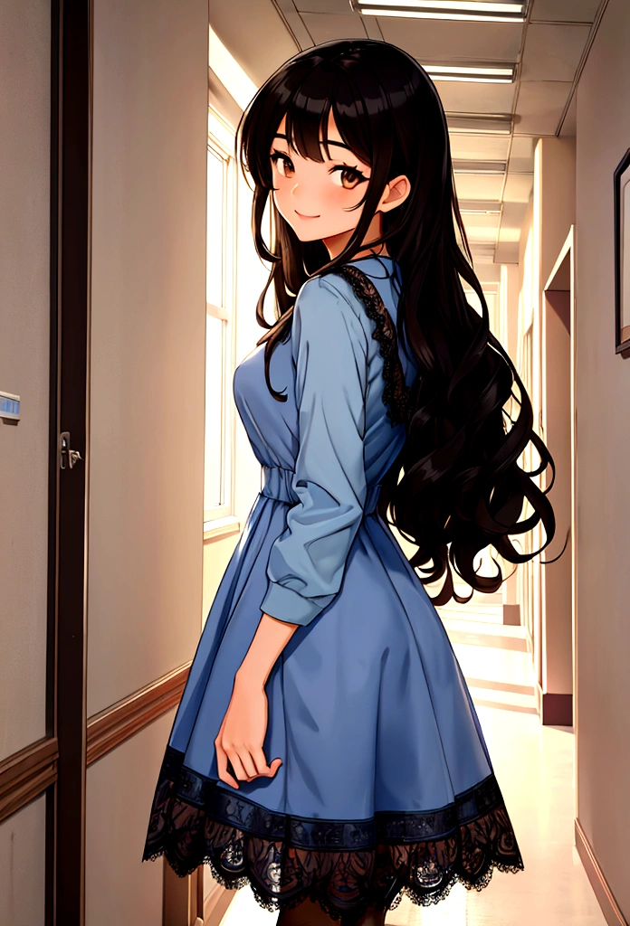 Masterpiece, college school hallway theme background, character: 1 girl, black hair, long curly hair, sweet smile, Brown eyes, clothing light blue dress with lace, modern time current.