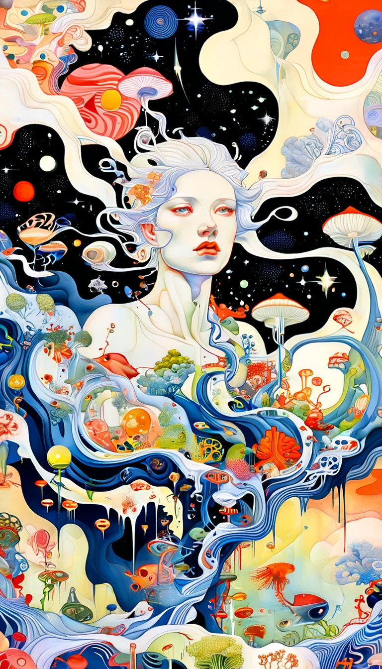 (((James Jean styles：1.5)))，microorganism、plant、Marine life、Exquisite eyes、Starry Sky，Stitching together an abstract painting，Describing the inner world of autistic people，3D spatial sense，White Space，interesting，Innocence，Psychedelic Art，Strong contrast between light and dark