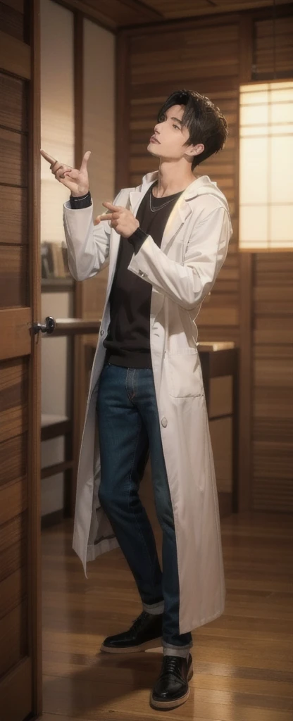 (photorealistic:1.2), (high detail face:1.3), (high detail hands:1.3), (anatomically correct hands:1.2), handsome young asian man, Japanese idol style, short clean-cut hair, ((center part)), white lab coat, black hoodie underneath, calm confident expression, (holding a product in right hand:1.3), (pointing with left index finger:1.3), explaining pose, plain white background, mid-shot portrait, high quality, detailed, 8K, (realistic skin texture:1.2), (sharp focus:1.1)