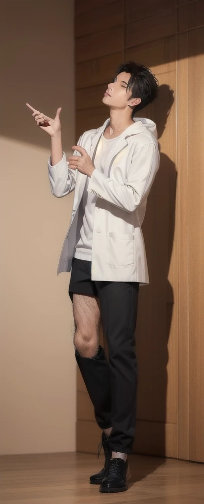 (photorealistic:1.2), (high detail face:1.3), (high detail hands:1.3), (anatomically correct hands:1.2), handsome young asian man, Japanese idol style, short clean-cut hair, ((center part)), white lab coat, black hoodie underneath, calm confident expression, (holding a product in right hand:1.3), (pointing with left index finger:1.3), explaining pose, plain white background, mid-shot portrait, high quality, detailed, 8K, (realistic skin texture:1.2), (sharp focus:1.1)