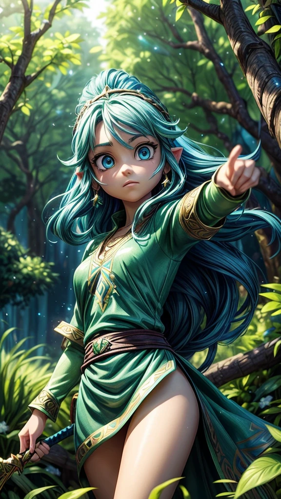 Detailed fantasy illustrations of the Legend of Zelda、A young female protagonist with long hair and piercing blue eyes、Wearing a green tunic、Towering Tree々and sparkling magic elements、Dramatic lighting、Bright colors、Cinematic composition、Intricate details、Mysterious forest stream landscape、Ready your sword and attack the enemy、Divine Light、Dynamic fighting pose