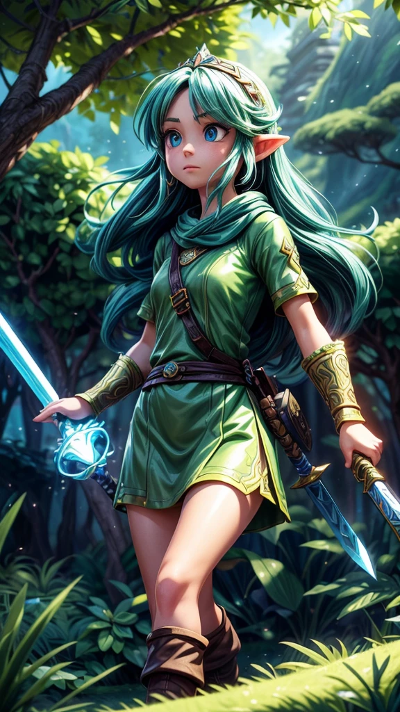 Detailed fantasy illustrations of the Legend of Zelda、A young female protagonist with long hair and piercing blue eyes、Wearing a green tunic、Towering Tree々and sparkling magic elements、Dramatic lighting、Bright colors、Cinematic composition、Intricate details、Mysterious forest stream landscape、Ready your sword and attack the enemy、Divine Light、Dynamic fighting pose