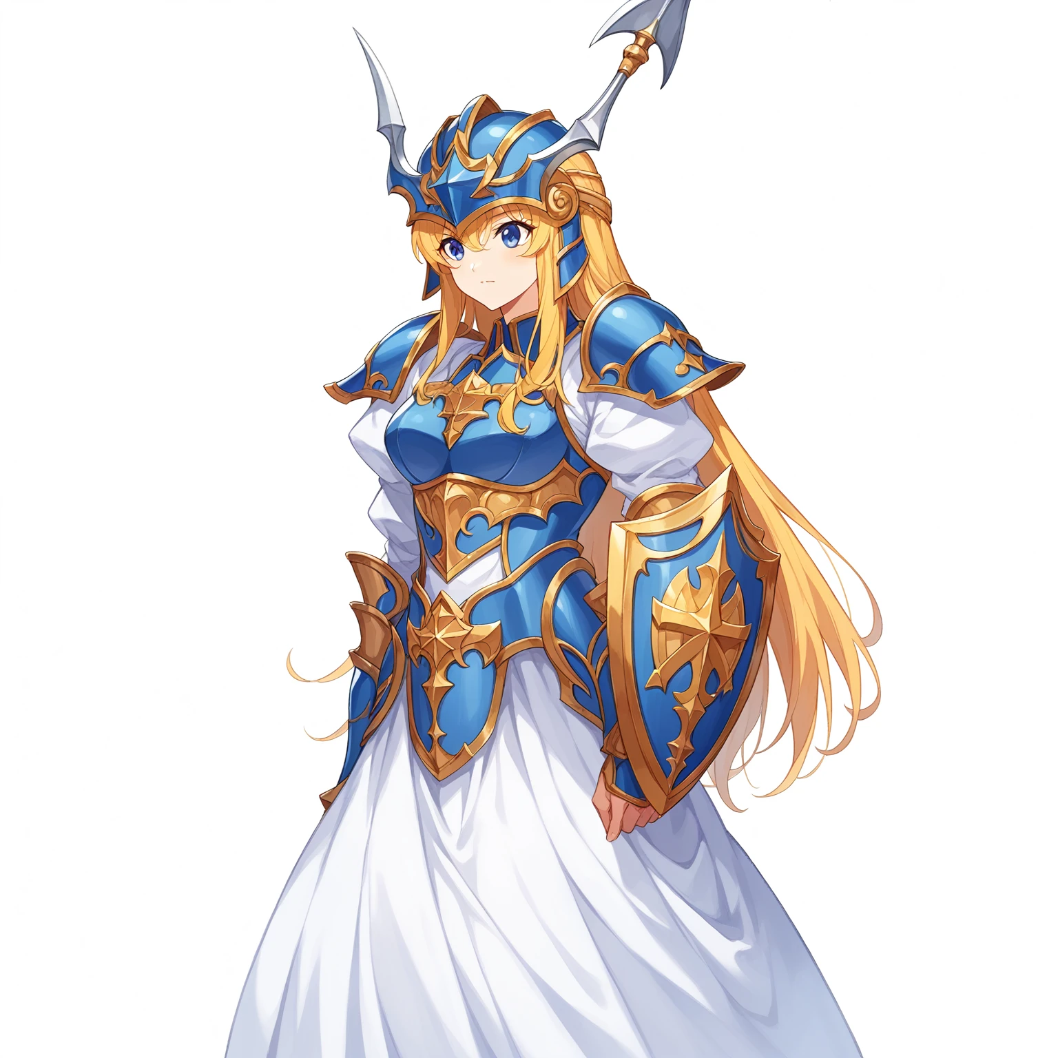 Highest quality, high resolution, High quality game art style, whole body,Valkyrie,Official Art, Smooth game CG art,Cute 3D anime girl render, Visual Novel Sprites, White background,Smooth game CG art, A woman wearing a white dress and blue armor, An intricately designed helmet with white feathers,Small shield, Woman with a gun,(((In his right hand he holds an elaborate halberd))),Exquisite Blue Armor,Golden Hair, long hair, female knight, Rin々Shii,Large Bust,17 years old,