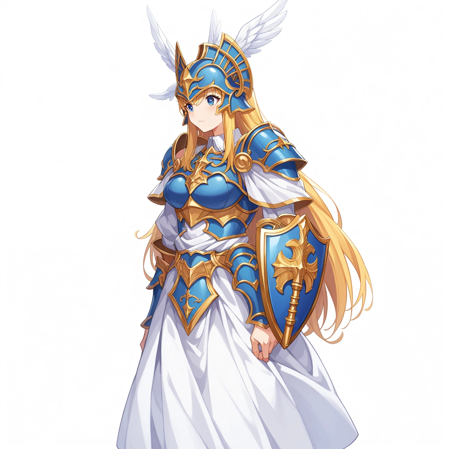 Highest quality, high resolution, High quality game art style, whole body,Valkyrie,Official Art, Smooth game CG art,Cute 3D anime girl render, Visual Novel Sprites, White background,Smooth game CG art, A woman wearing a white dress and blue armor, An intricately designed helmet with white feathers,Small shield, Woman with a gun,(((In his right hand he holds an elaborate halberd))),Exquisite Blue Armor,Golden Hair, long hair, female knight, Rin々Shii,Large Bust,17 years old,