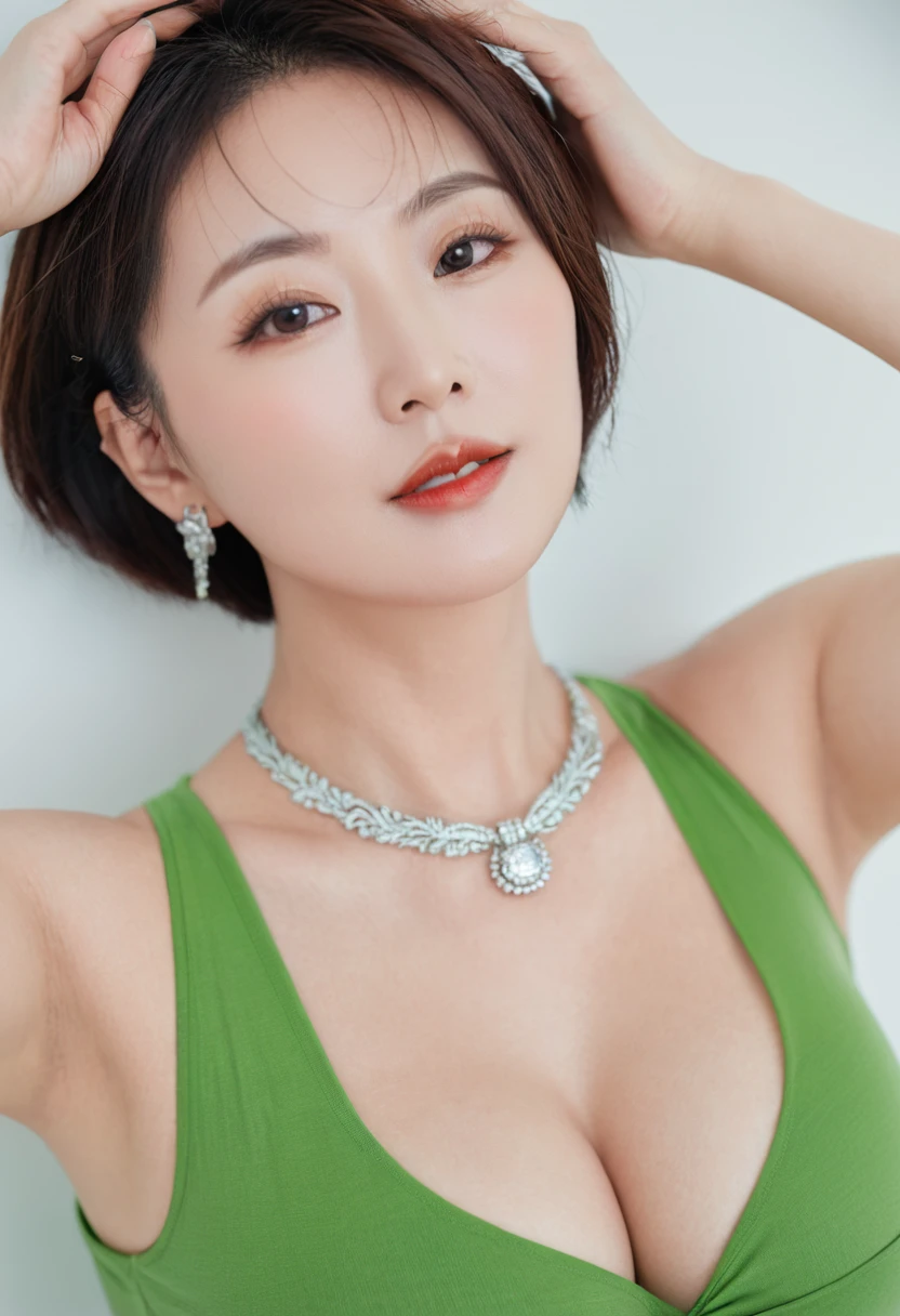 busty 42 year old chinese lady, short hair, instagram model, 50mm, flash photography, real life, photorealistic, high resolution, 1girl, hips up, jewelry, hands behind head, big_boobies, large breats,tight,Green panties